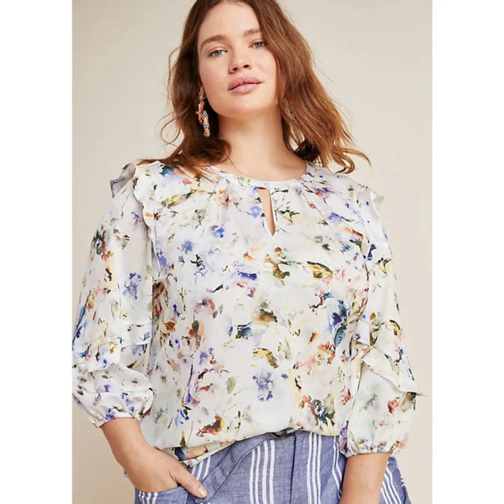 Anthropologie DOLAN Araminta WATERCOLOR Floral Ruffle Boho Top WOMENS XL 16-18